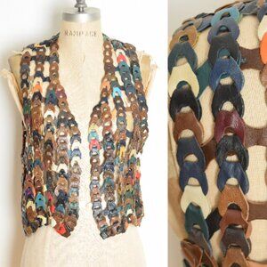 vintage 70s leather vest chain link braided colorful hippie boho top jacket